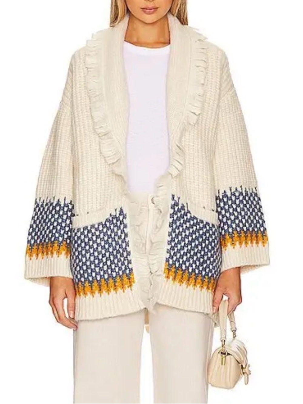 Tularosa Cream Open-Front Cardigan with Navy and Mustard Pattern